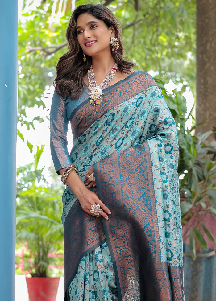 Turquoise Banarasi Silk Saree With Blouse Piece From China For Sale