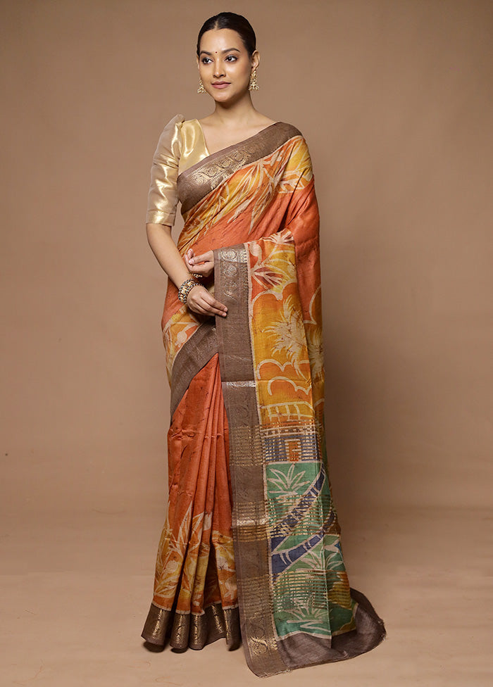 Orange Tussar Silk Saree With Blouse Piece Shop For Cheap Pice