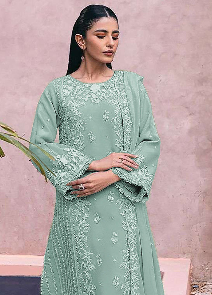 3 Pc Sea Green Semi Stitched Georgette Suit Set Shipping Discount Authentic