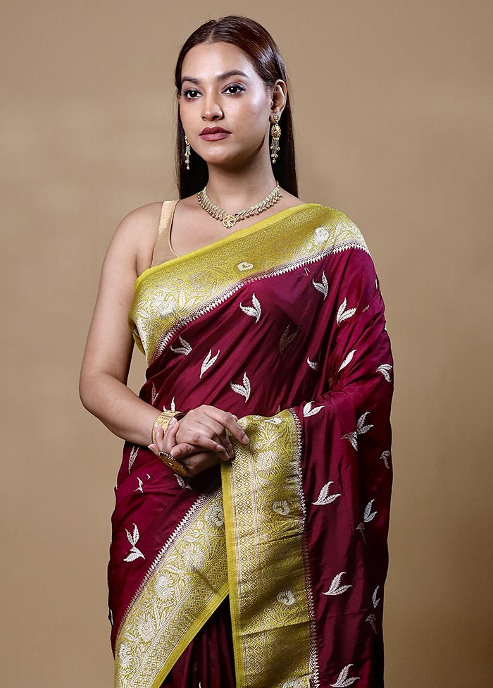 Maroon Dupion Silk Saree With Blouse Piece Fashionable Cheap Pice