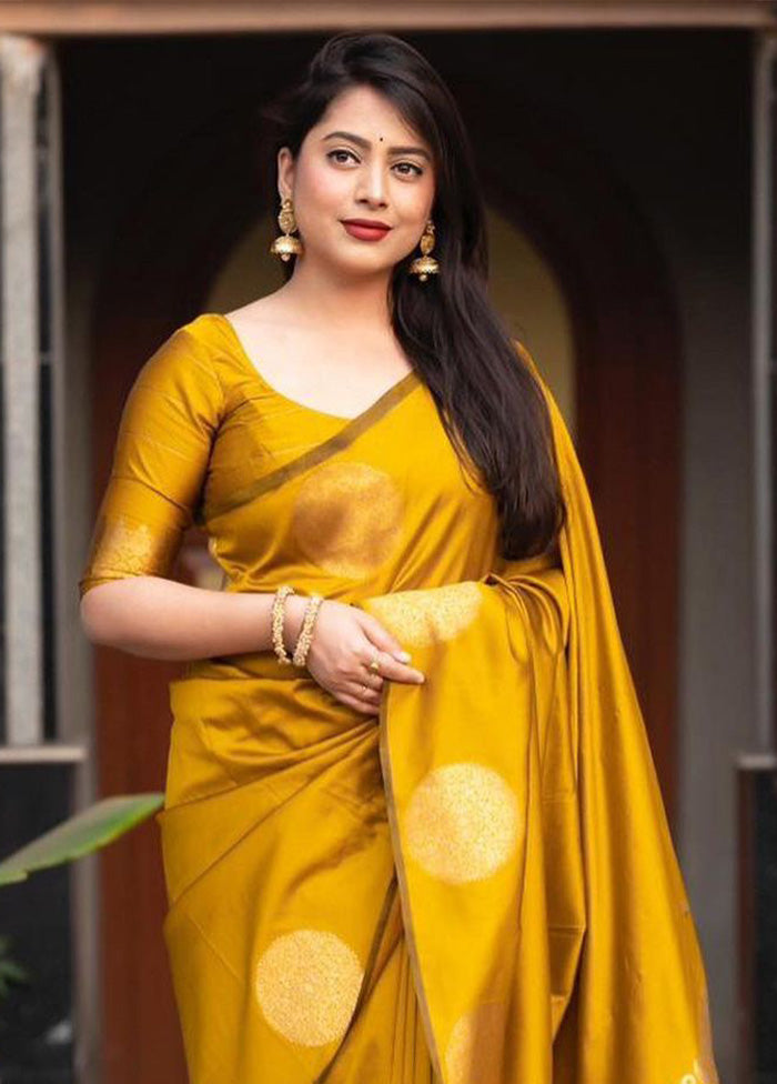 Yellow Banarasi Silk Saree With Blouse Piece Quality Free Shipping Low Pice