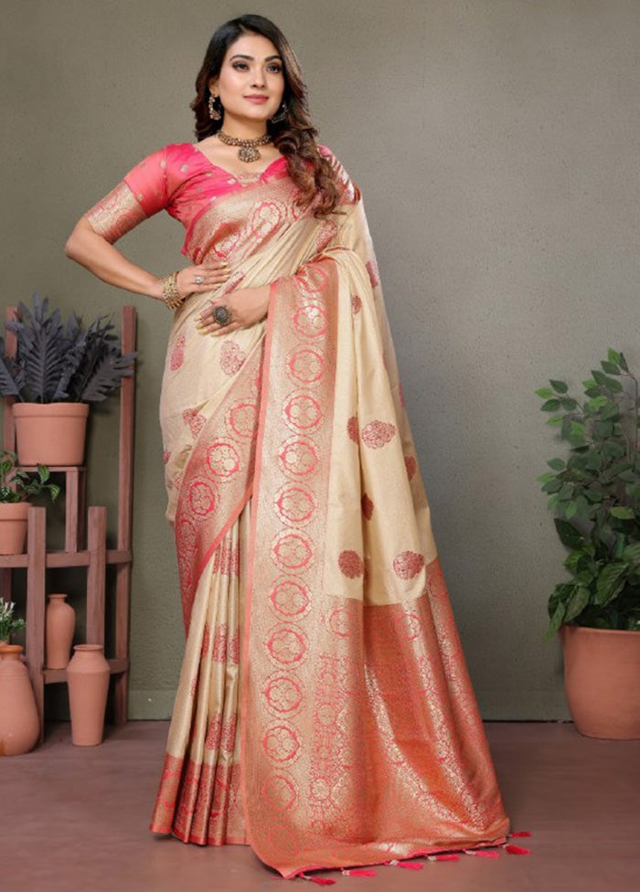 Cream Spun Silk Saree With Blouse Piece Cheap Sale Cheapest