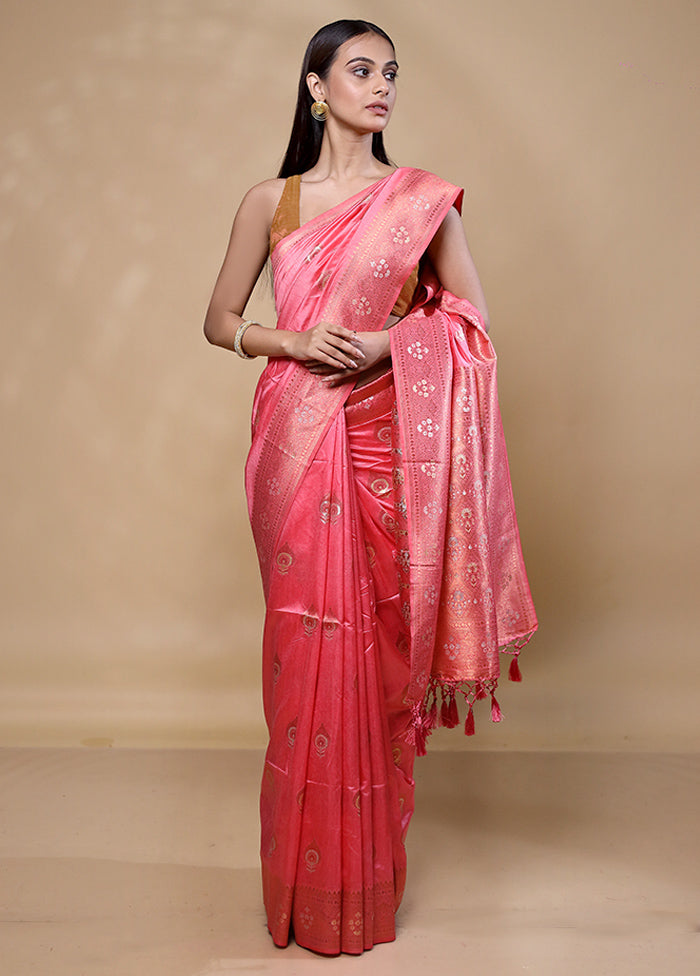 Peach Dupion Silk Saree With Blouse Piece Discount Purchase