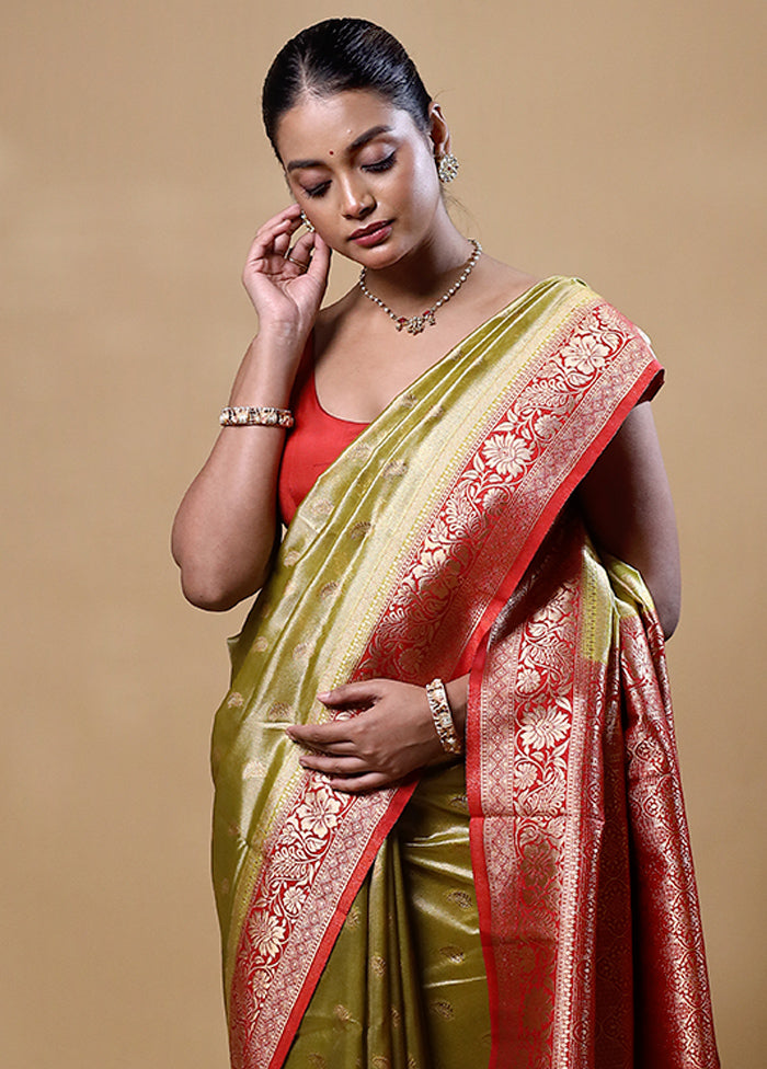 Green Dupion Silk Saree With Blouse Piece 100% Authentic For Sale