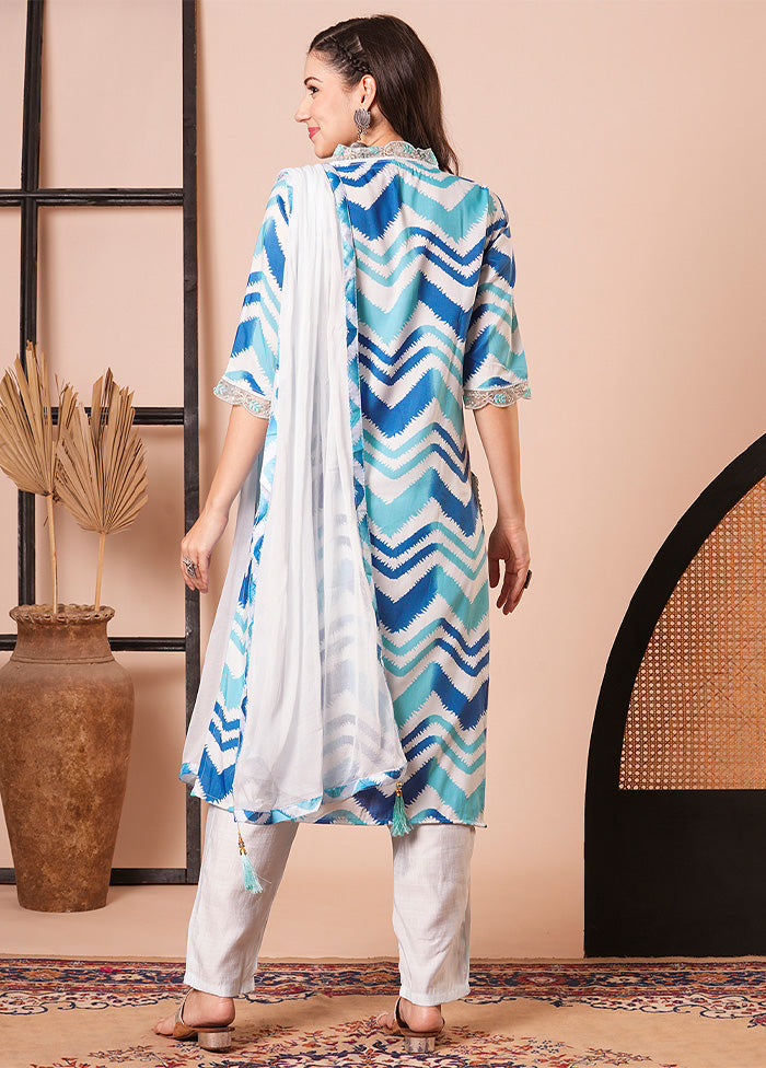 3 Pc Blue Readymade Silk Dupatta Suit Set Popular Online