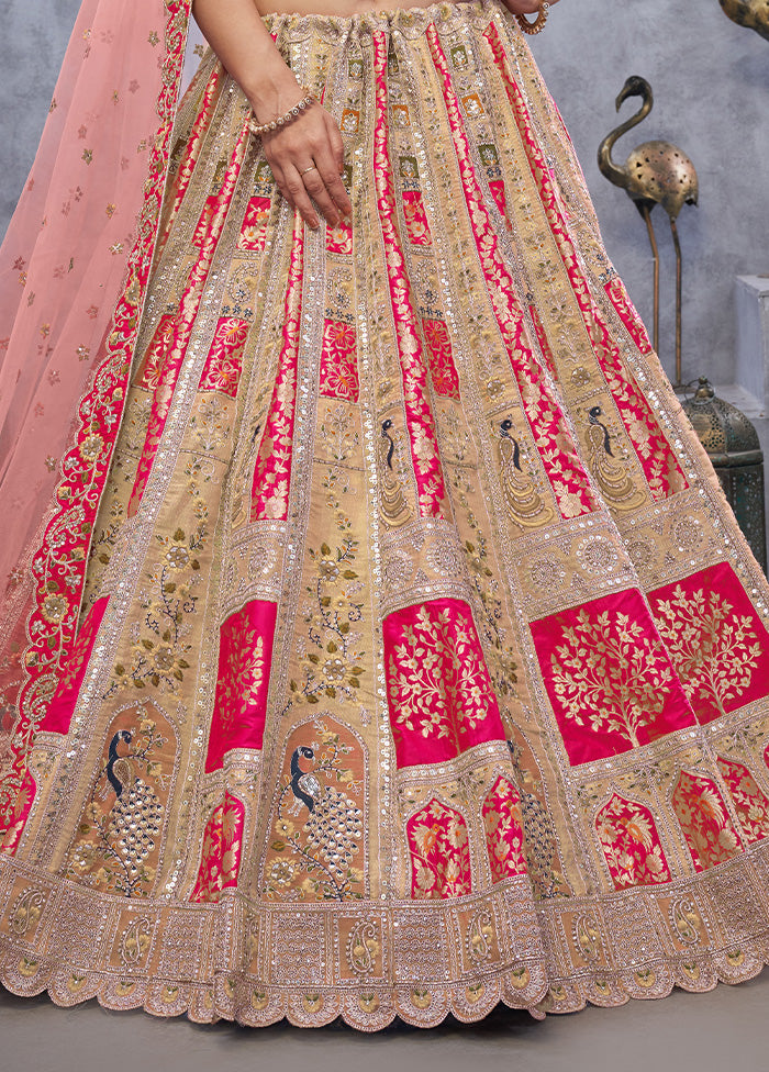 3 Pc Pink Silk Semi Stitched Lehenga Set Free Shipping Order