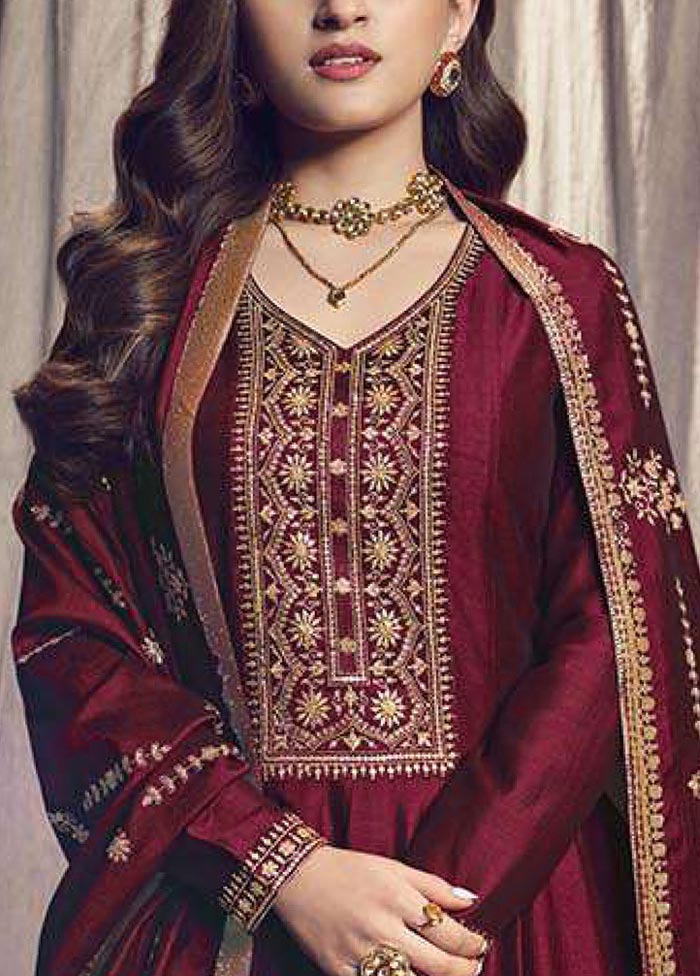 3 Pc Maroon Semi Stitched Silk Suit Set Outlet Collections