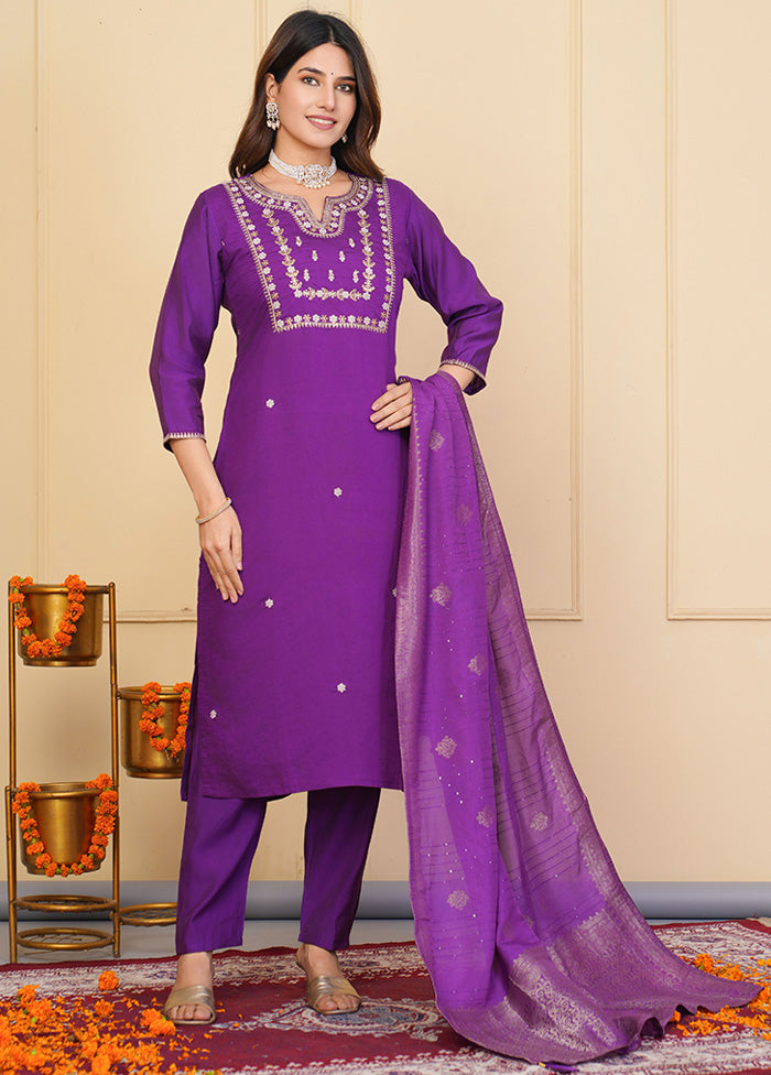 3 Pc Purple Readymade Viscose Suit Set Outlet Shop