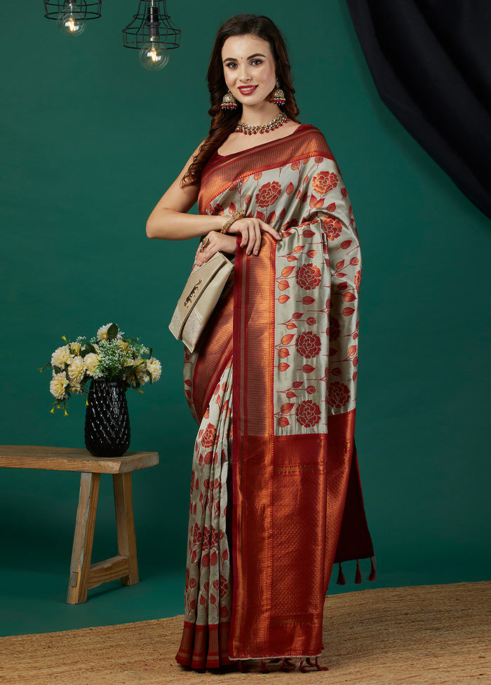 Grey Banarasi Silk Saree With Blouse Piece Free Shipping Limited Edition