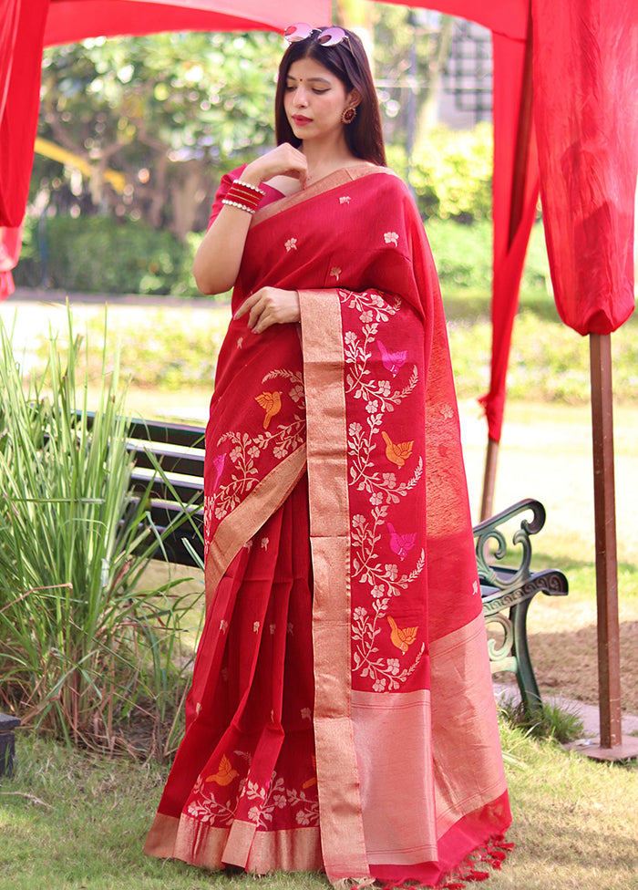 Red Linen Silk Saree With Blouse Piece Cheap Sale Shop For