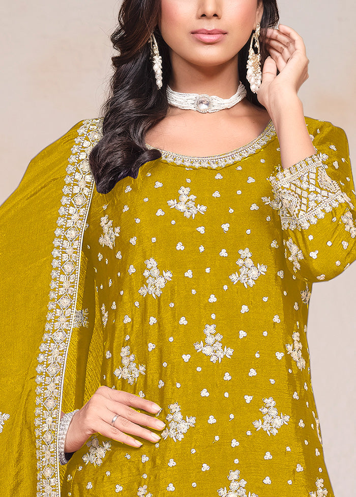 3 Pc Yellow Semi Stitched Silk Suit Set Outlet Genuine