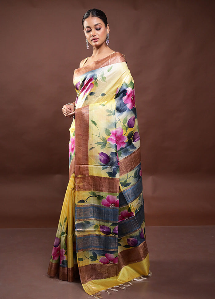 Yellow Handloom Tussar Pure Silk Saree With Blouse Piece Browse