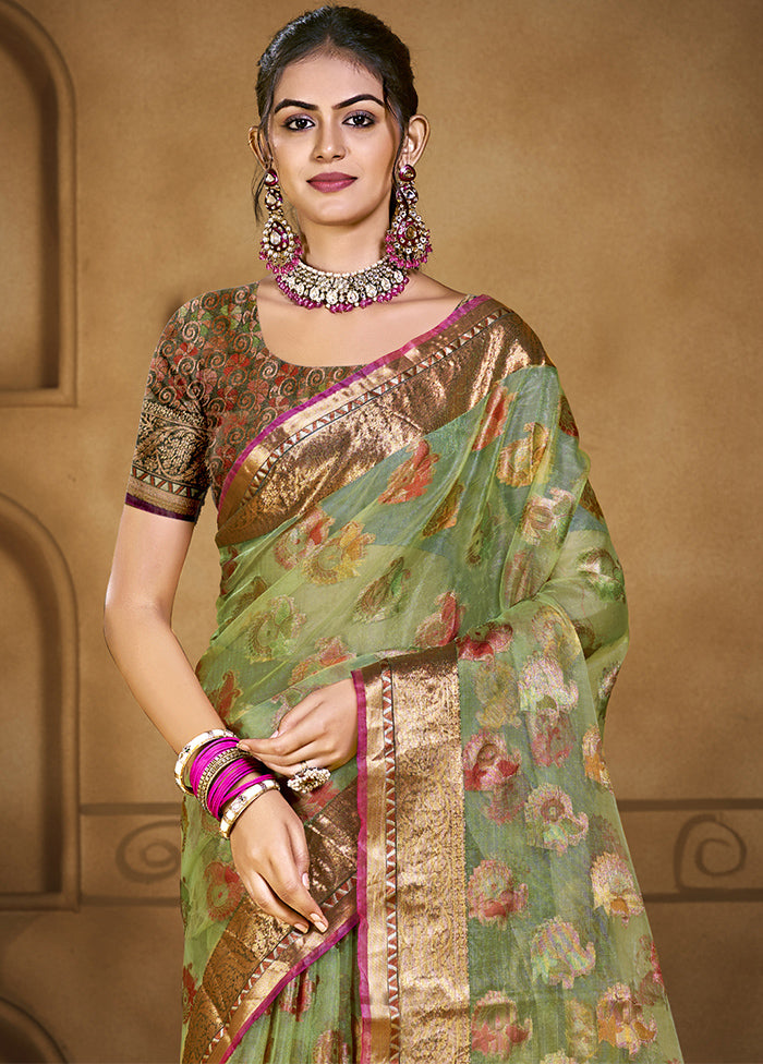 Green Organza Saree With Blouse Piece Free Shipping Top Quality