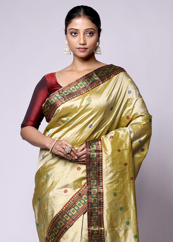 Golden Handloom Assam Pure Silk Saree With Blouse Piece Classic