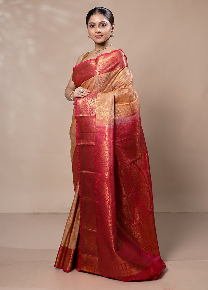 Orange Kanjivaram Silk Saree With Blouse Piece Cheap Sale Countdown Package