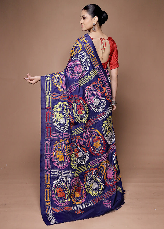 Blue Kantha Stitch Silk Saree With Blouse Piece Outlet Shop