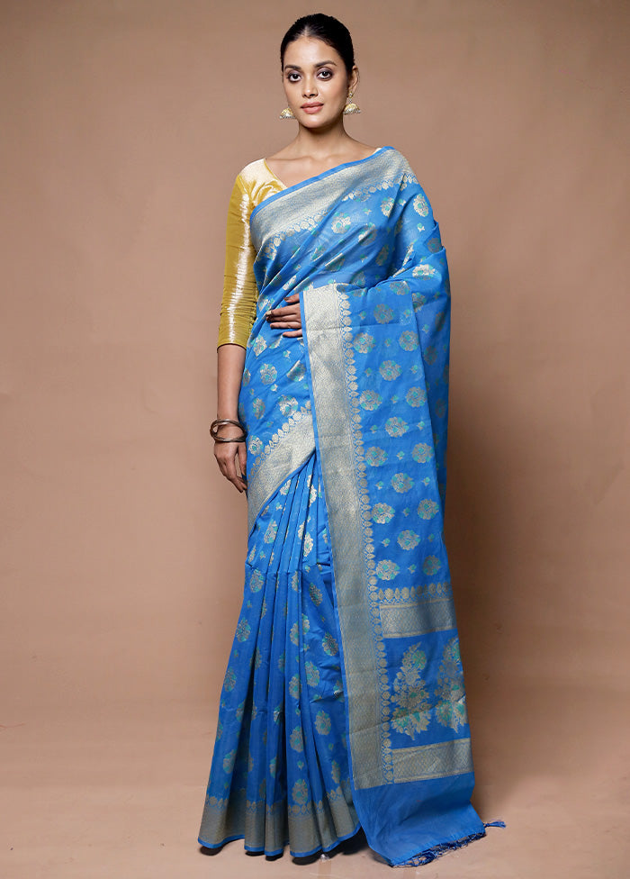 Blue Kora Silk Saree With Blouse Piece Cheap Sale Really