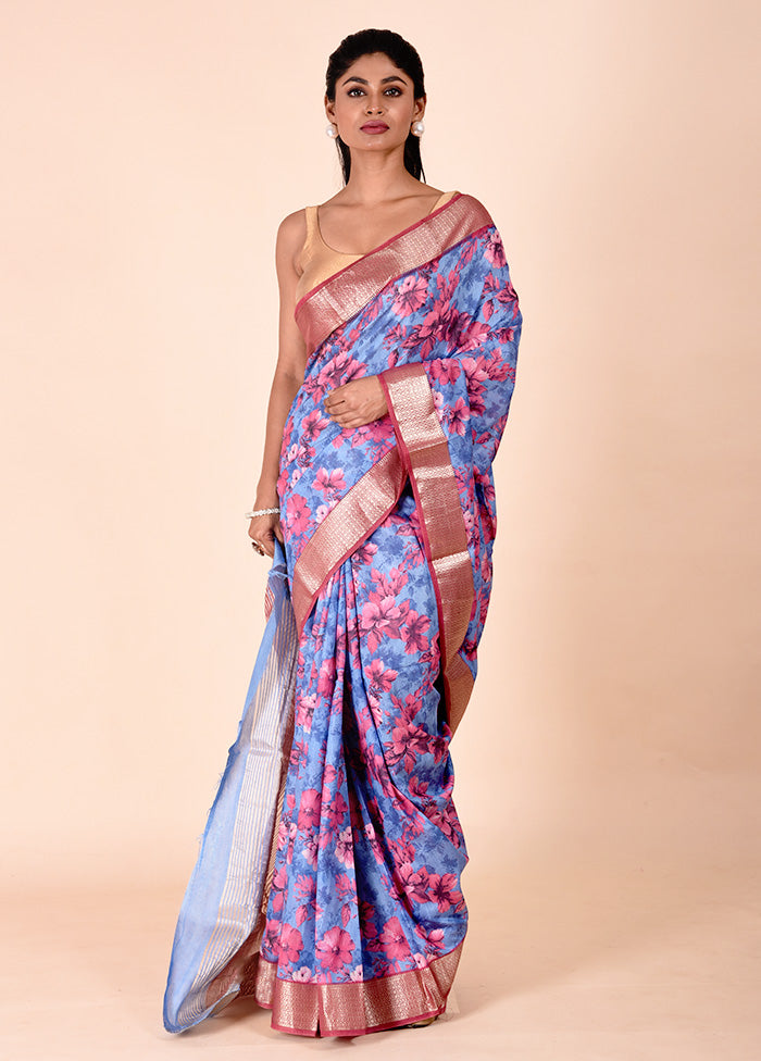 Blue Chanderi Cotton Saree With Blouse Piece Sast