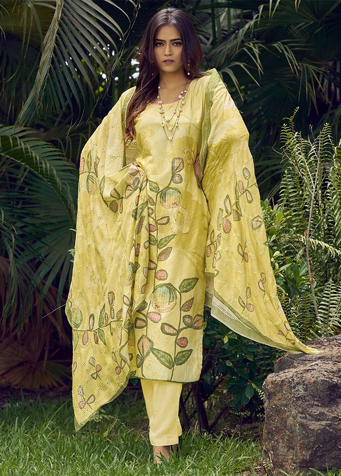 3 Pc Yellow Semi Stitched Silk Dupatta Suit Set Outlet Popular