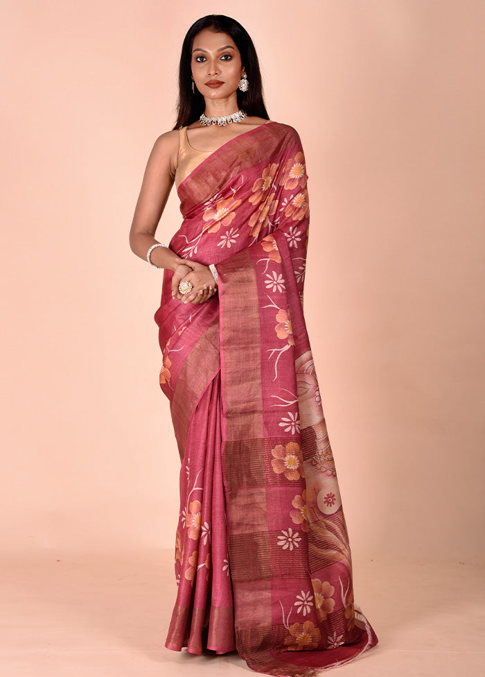 Pink Handloom Tussar Pure Silk Saree With Blouse Piece Deals