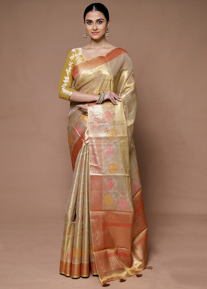 Golden Tissue Silk Saree With Blouse Piece Low Pice Fee Shipping For Sale