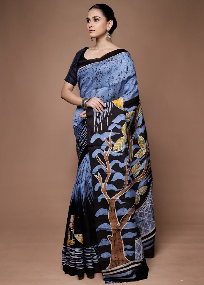 Blue Printed Pure Silk Saree Without Blouse Piece Discount Get To Buy