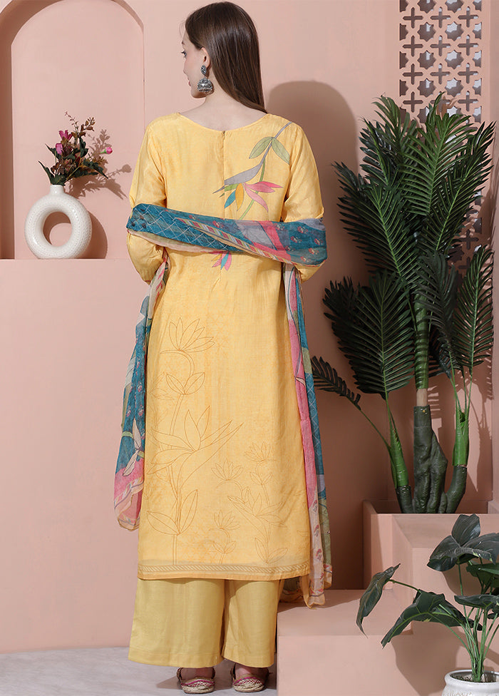 3 Pc Yellow Unstitched Silk Suit Set Clearance With Credit Card