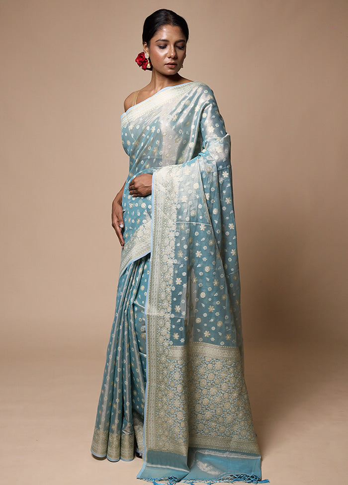 Blue Tissue Silk Saree With Blouse Piece Discount 2025 New