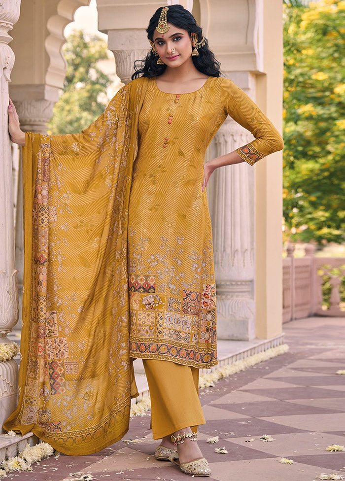 3 Pc Mustard Unstitched Silk Suit Set Clearance Pices