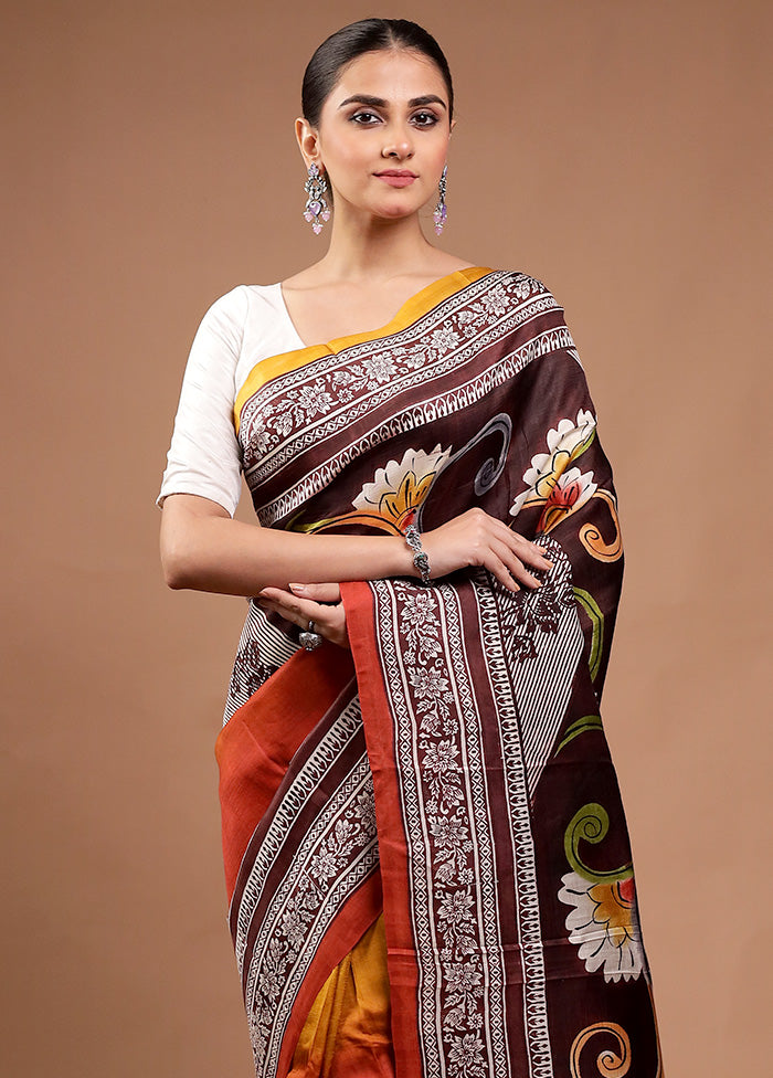 Brown Printed Pure Silk Saree Without Blouse Piece Cheap Footlocker