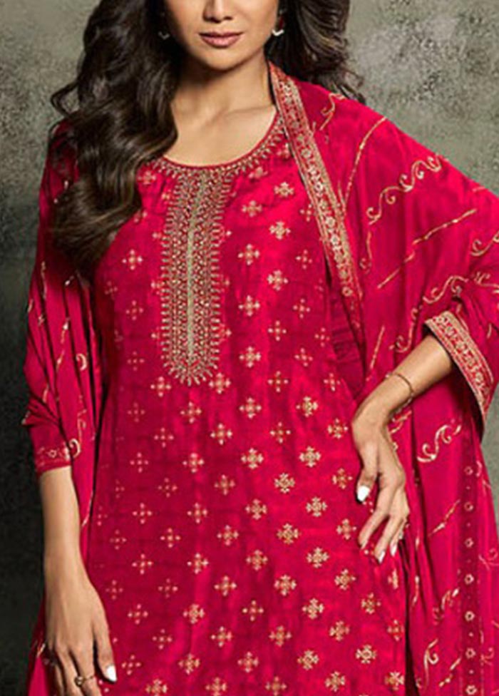 3 Pc Reddish Pink Semi Stitched Viscose Suit Set Lowest Pice Cheap Pice