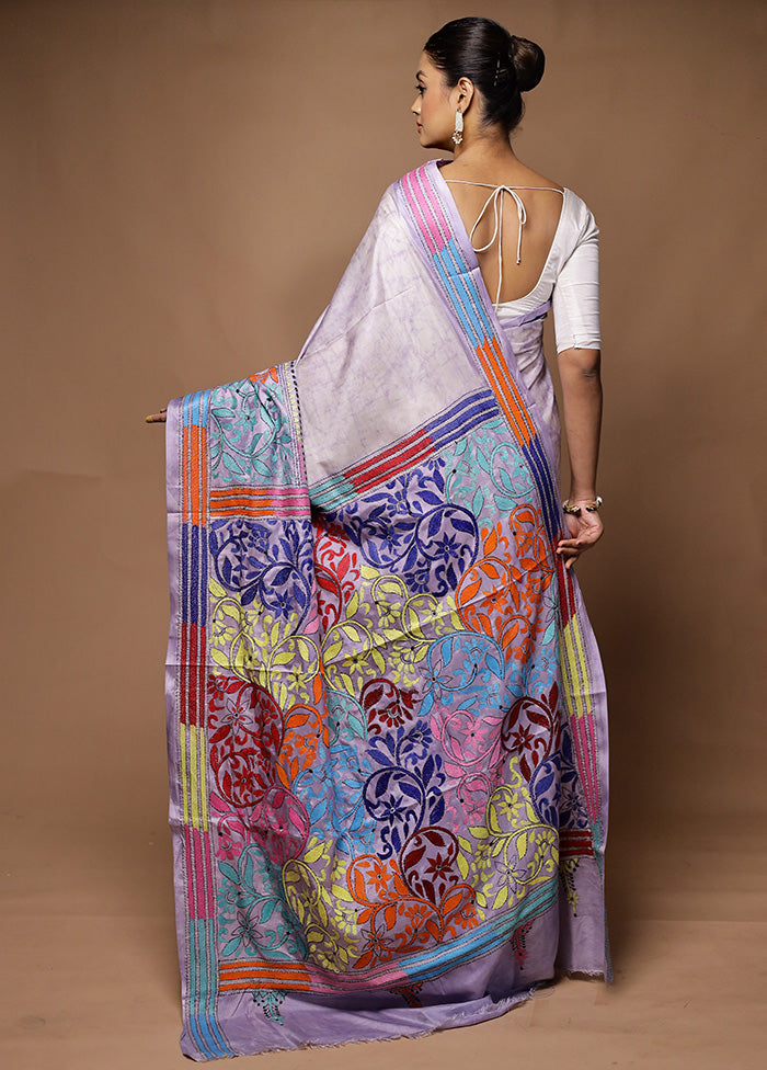 Grey Kantha Stitch Silk Saree With Blouse Piece Buy Cheap Wholesale Pice