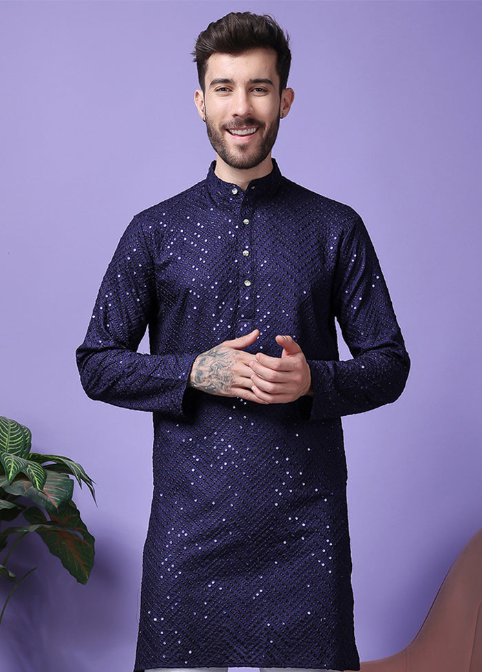 2 Pc Navy Blue Silk Kurta Pajama Set Fast Delivery Sale Online