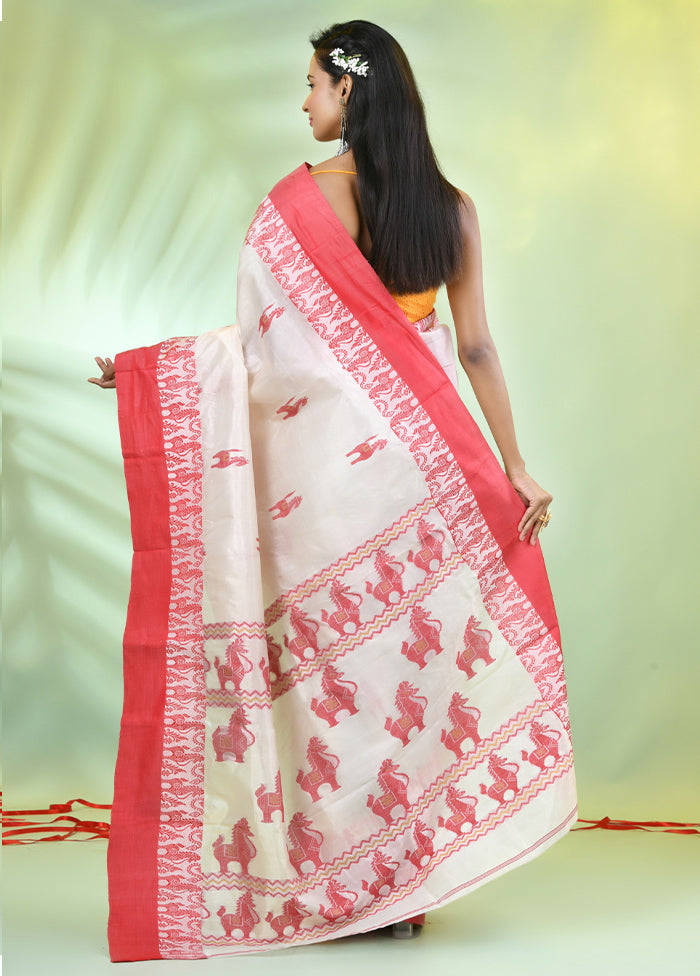 Off White Tussar Pure Silk Horse Motifs Woven Saree Without Blouse Piece Clearance Cost