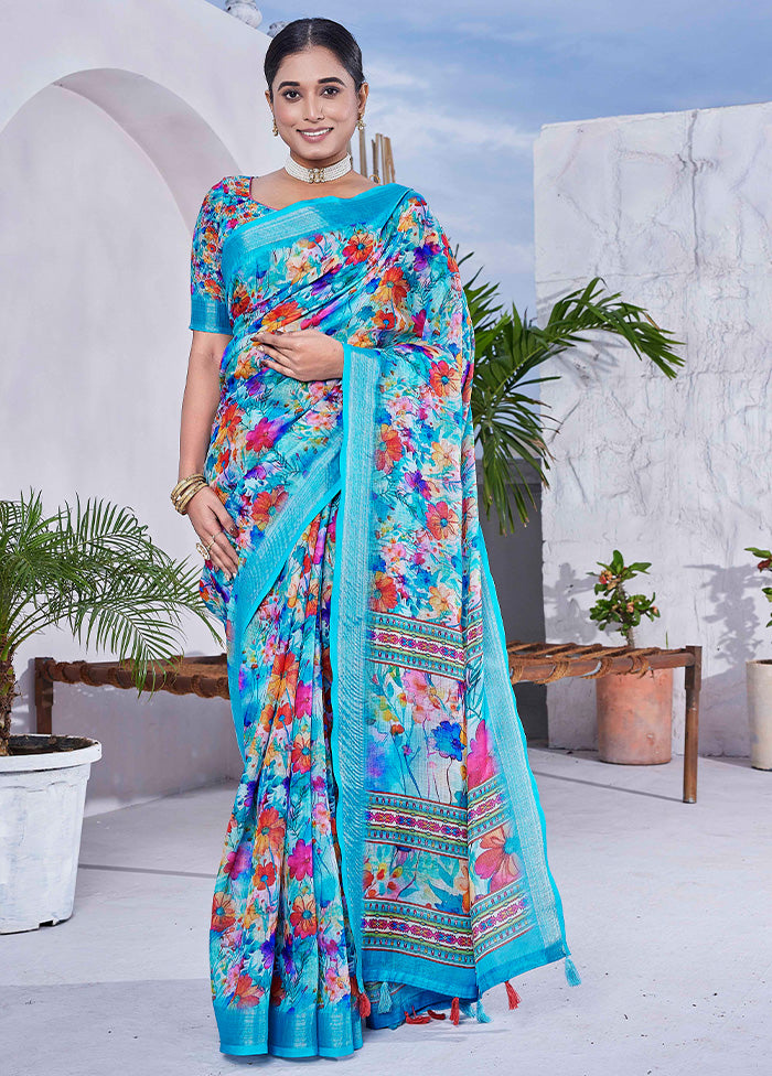 Sky Blue Linen Silk Saree With Blouse Piece Cheap Sale With Credit Card