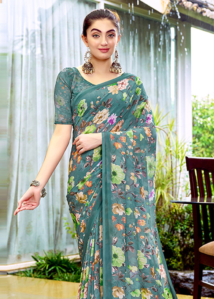 Turquoise Georgette Saree With Blouse Piece Clearance Ebay