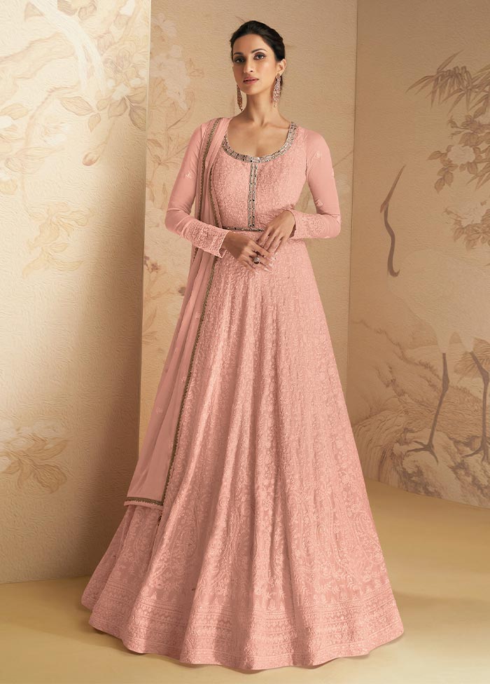 3 Pc Peach Semi Stitched Georgette Suit Set Discount Get To Buy