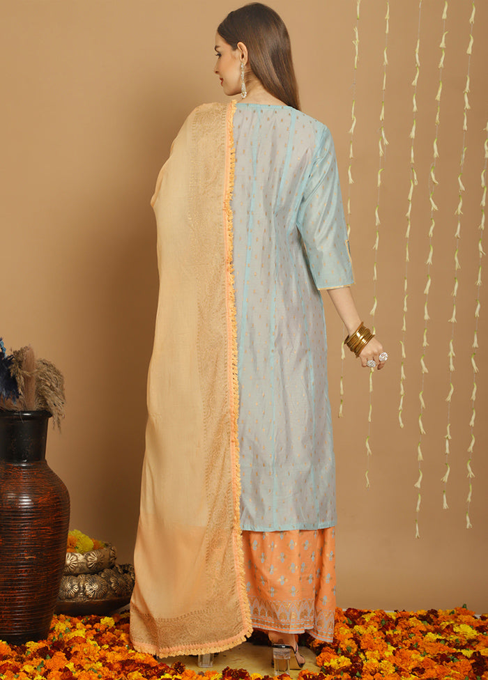 3 Pc Turquoise Unstitched Chanderi Suit Set Get To Buy For Sale