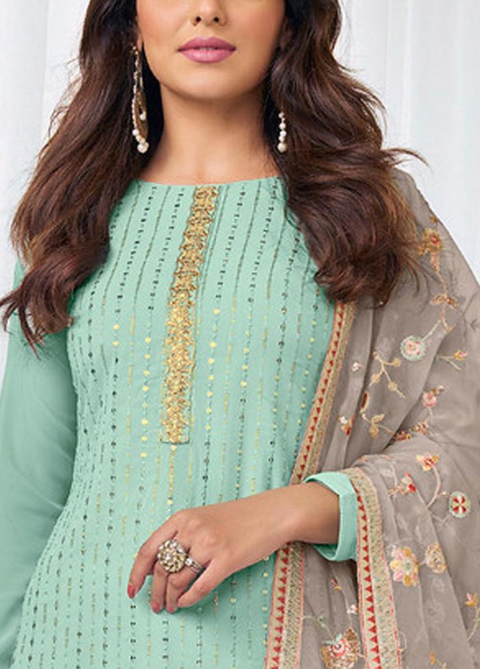 3 Pc Mint Green Semi Stitched Georgette Suit Set Original For Sale