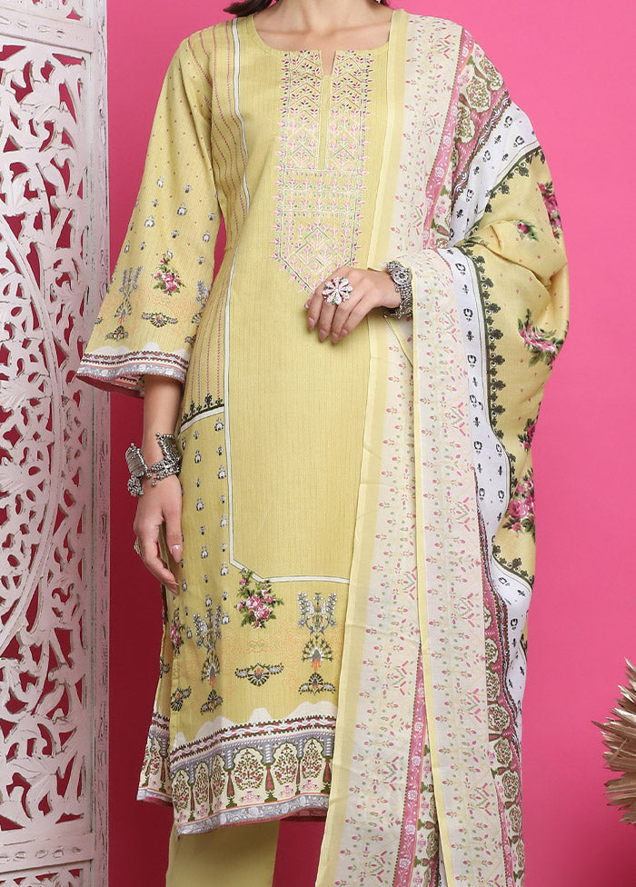 3 Pc Yellow Unstitched Cotton Suit Set Discount Classic