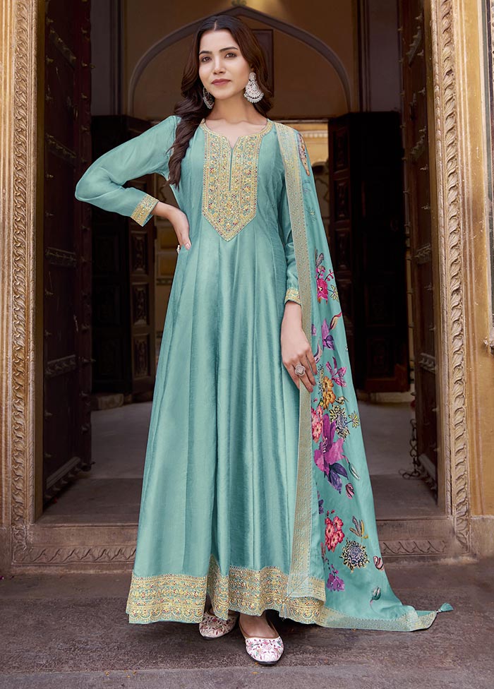 3 Pc Sky Blue Semi Stitched Silk Suit Set Low Cost