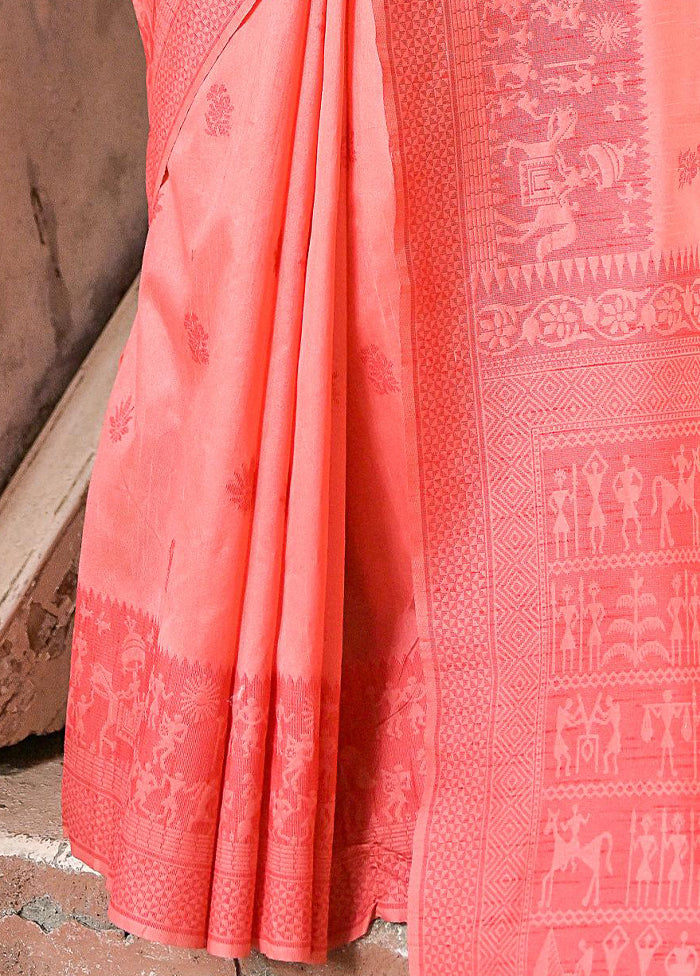 Coral Spun Silk Saree With Blouse Piece Affordable Cheap Online