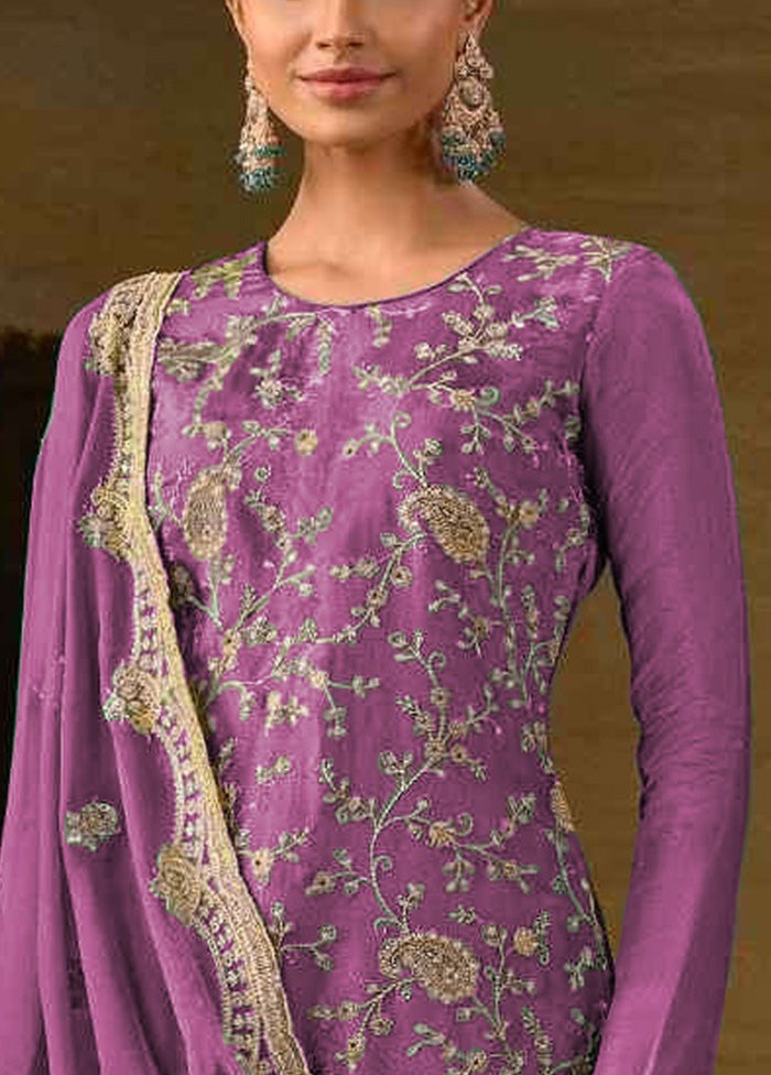 3 Pc Purple Semi Stitched Silk Suit Set Classic Cheap Pice