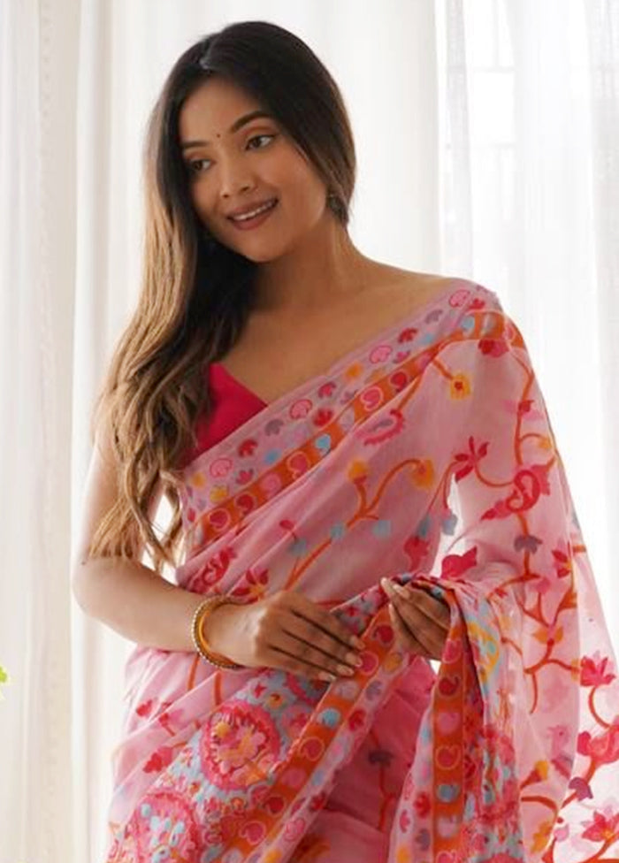 Pink Banarasi Silk Saree With Blouse Piece Free Shipping Manchester Great Sale