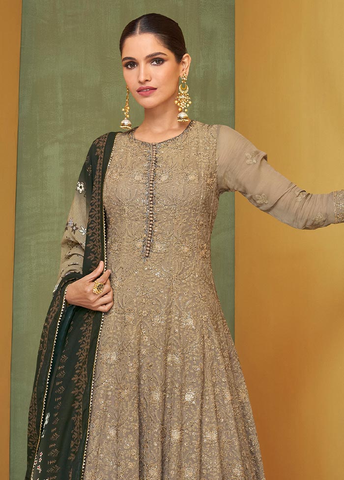 3 Pc Light Brown Semi Stitched Georgette Suit Set Outlet Locations