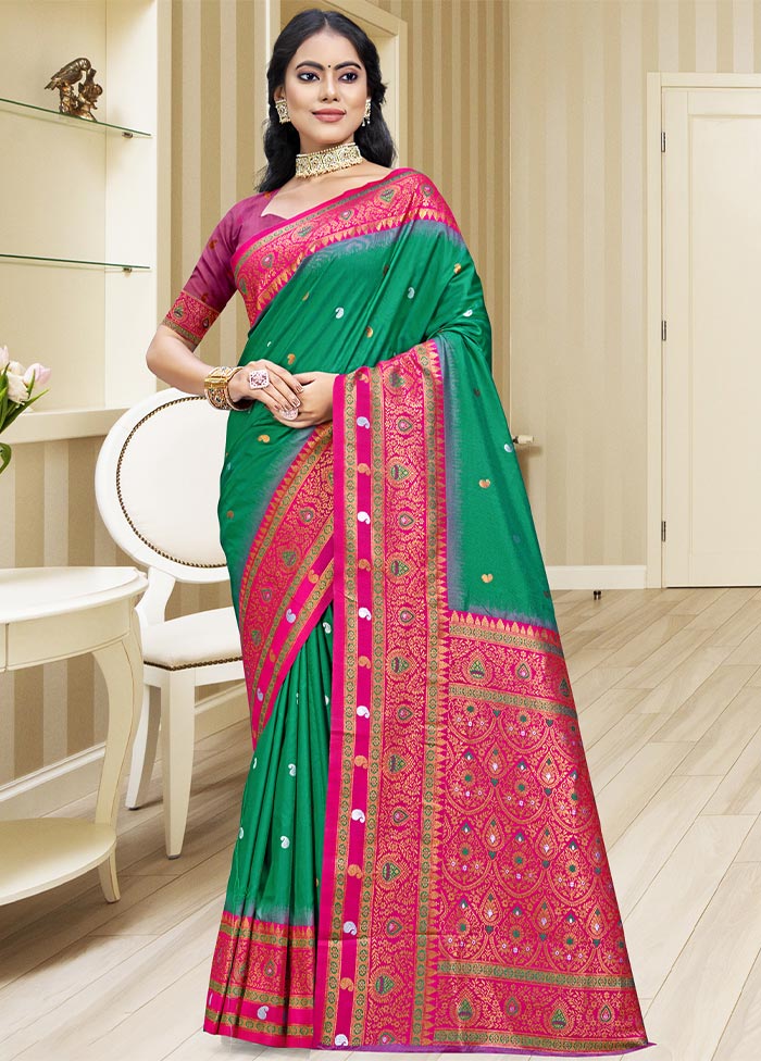 Teal Green Dupion Silk Saree With Blouse Piece Cheap With Paypal