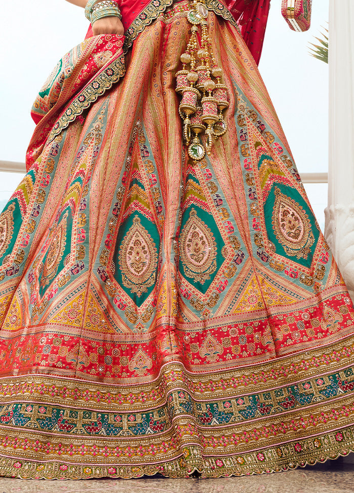 3 Pc Multicolor Silk Semi Stitched Lehenga Set Online Online High Quality