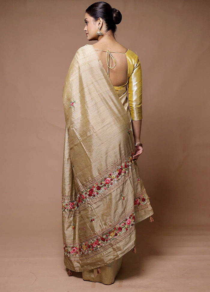 Cream Tussar Silk Saree With Blouse Piece Discount Popular