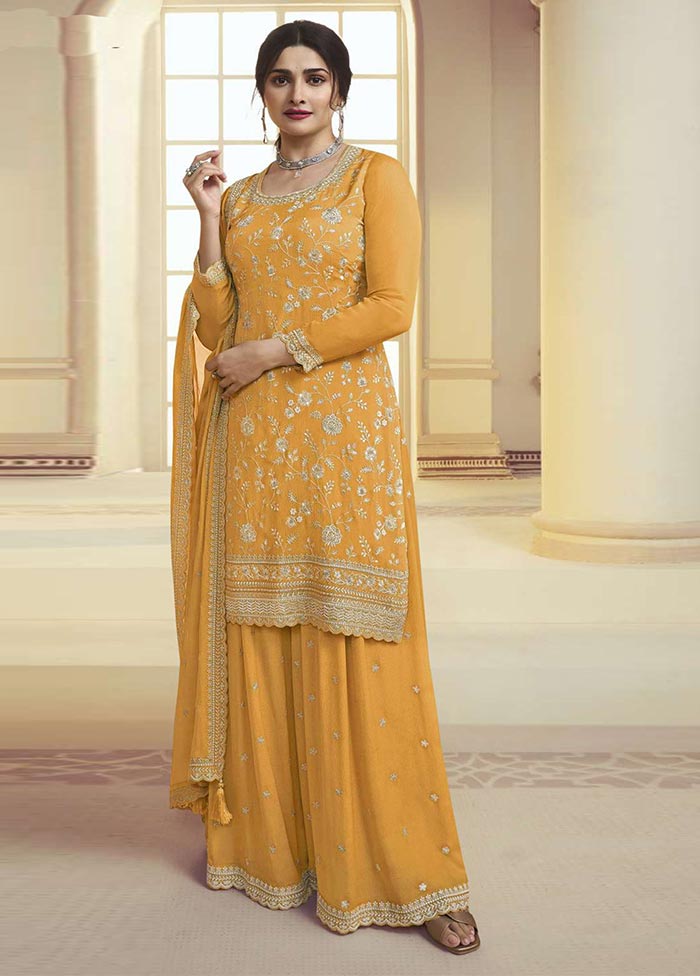 3 Pc Mustard Semi Stitched Silk Suit Set Sale Get To Buy