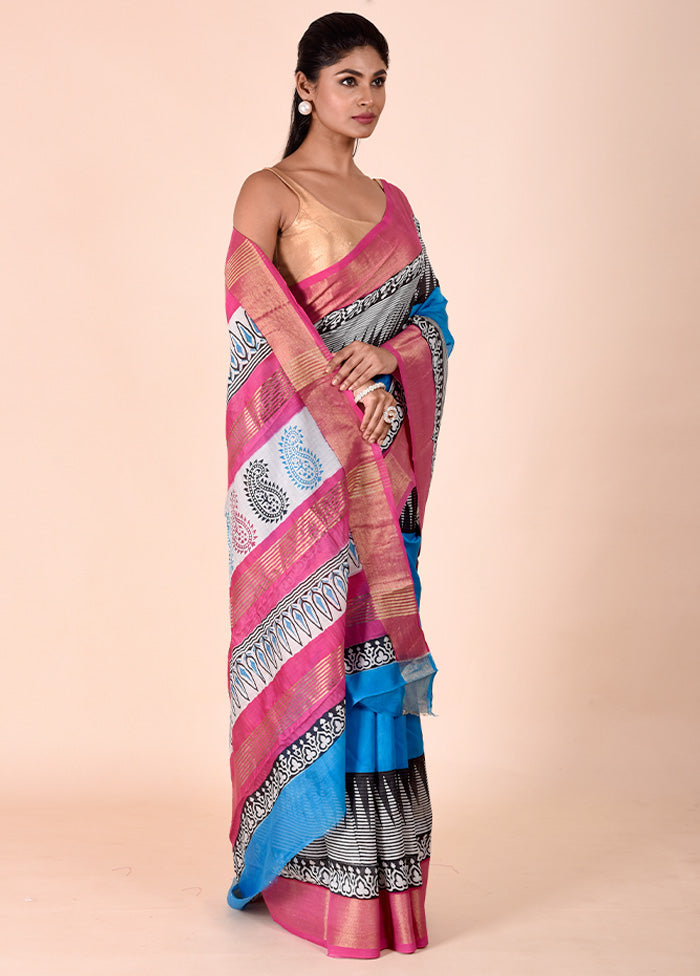 Blue Chanderi Cotton Saree With Blouse Piece 100% Original Sale Online